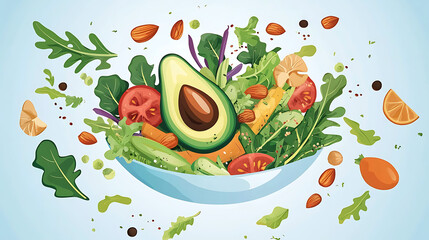 A bowl of salad with a green avocado in the center