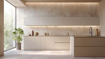 modern soft brutalism kitchen full view, warm beige cabinets, wall with textured plaster insert and built in soft strip light, smooth stone floor