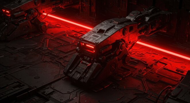 Futuristic metallic robot unit with glowing red eyes and neon lights in a dark industrial sci fi hangar setting, advanced technology concept