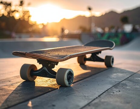Skateboard resting on a gritty concrete ramp in a skate park at sunset with cinematic, golden backlighting.