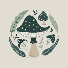 A colorful vector cartoon illustration of mushrooms and toadstools in the forest grass with leaves, showing the nature of autumn fungi