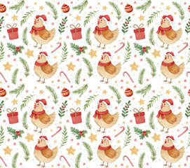 Watercolor seamless pattern with festive chickens in scarves and Santa hats, gifts and greenery on white background