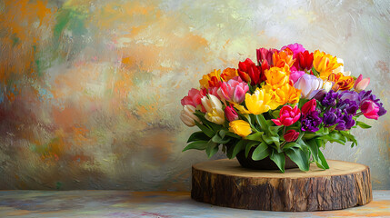 A colorful bouquet of flowers sits on a wooden base
