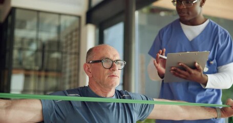 Man, physiotherapist and resistance band with clipboard, stretching and writing notes for healing process. Person, senior patient and healthcare professional for exercise, rehabilitation and advice