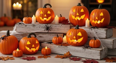 Obraz premium Spooky Halloween Jack O Lanterns and Fall Decorations Create a Festive Atmosphere