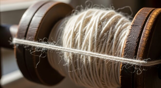 A close-up of natural, fuzzy wool yarn wound onto a dark wooden spinning wheel bobbin.