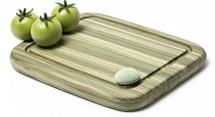 Three unripe green tomatoes resting on a textured wooden cutting board with a juice groove