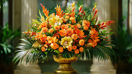 A vase of flowers with a gold rim sits on a table