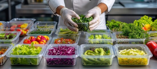 A chef wearing gloves carefully handles a container of green herbs amidst various prepared vegetables in a kitchen