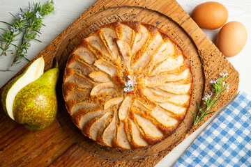 Whole-wheat cake with baked pear and cinnamon. Step-by-step recipe to learn how to cook.