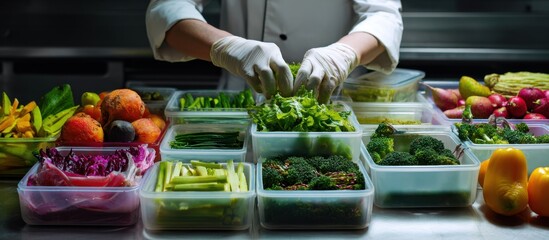 A chef's gloved hands arrange fresh vegetables in containers on a stainless steel surface