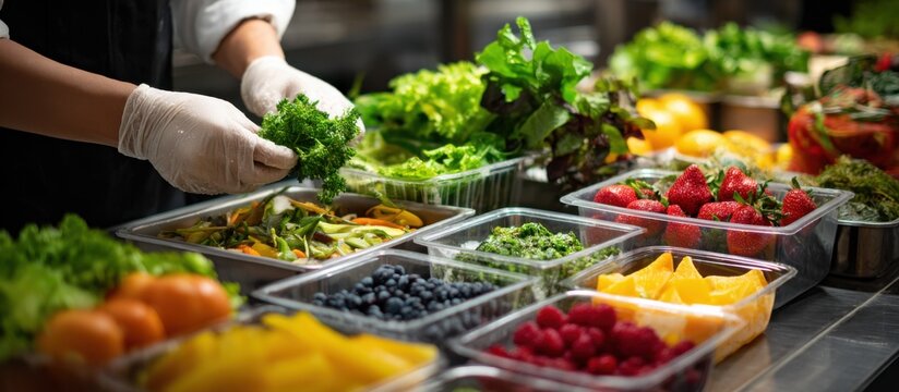 A chef wearing gloves prepares ingredients. Various fruits & veggies are prepped in containers, ready for a dish