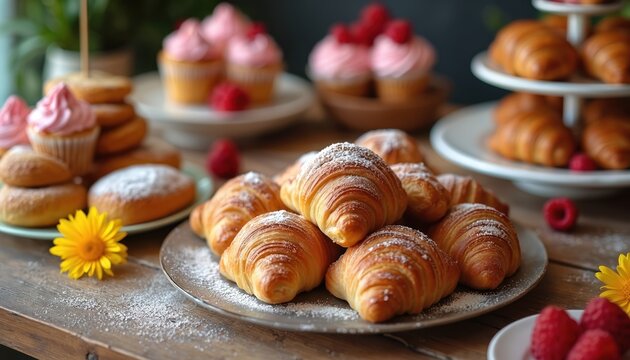 Golden croissants, cupcakes with pink frosting on wooden table. Fresh pastries, desserts displayed on plates, tiered server. Raspberries, yellow flowers decorate scene. Powdered sugar dusts treats, - Powered by Adobe