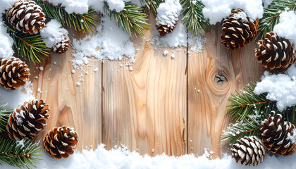 Festive Winter Scene - Pine Cones, Snow, and Wooden Backdrop.