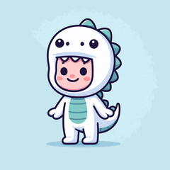 Obraz premium A cute cartoon child dressed in a white dinosaur costume with teal accents.