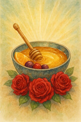 Bowl of honey with roses and fruits as offering to Oshún