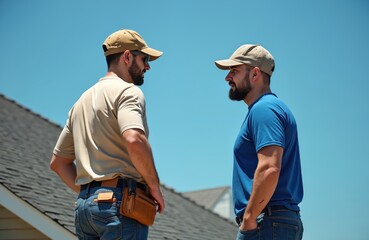 Two men, possibly roofer, homeowner, talk about roof repair on bright day. Contractor explains work options, costs for house renovation. Stand on building roof discussing home improvement planning.