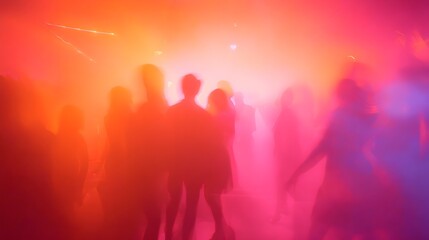 Fototapeta premium Halloween party lounge blurred silhouettes of costumed figures dancing under neon orange strobes