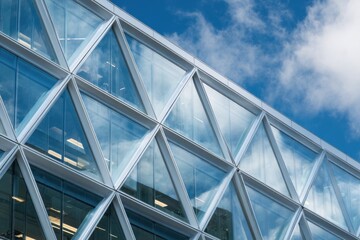 Angular modern building exterior with triangular window patterns reflecting blue sky