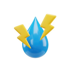 3d blue water droplet with yellow lightning bolts energy power symbol abstract concept transparent background