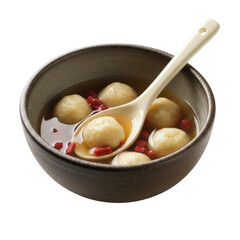 3d rendering of delicious tangyuan dessert with sesame filling in a rustic bowl served with a spoon transparent background