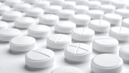 A close-up shot of various white, round medicinal tablets. Some pills have incisions; others are smooth. Pills are neatly arranged