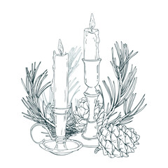 A festive composition of two burning candles in holders with a pinecone and spruce branches. This black and white illustration is ideal for digital projects and holiday promotions.