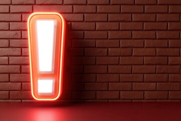 Neon 3D Exclamation Mark concept. Neon exclamation mark sign on a brick wall background.