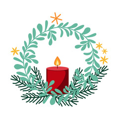 Christmas wreath with red candle, star and green branch. Design for holiday greeting cards, prints, seasonal textiles.