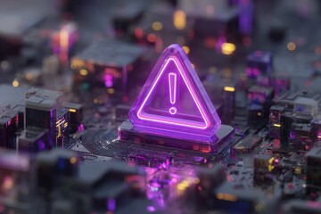 Neon 3D Exclamation Mark concept. Digital circuit with a glowing warning symbol in a vibrant setting.