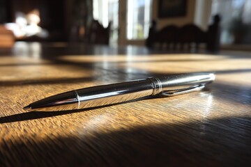 Elegant chrome pen resting on sunlit wooden table creates a feeling of focus and refined style perfect for marketing a luxury brand or creative business concept