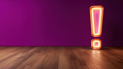 Neon 3D Exclamation Mark concept. Neon exclamation mark against a vibrant purple wall and wooden floor.