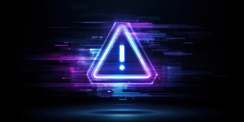 Neon 3D Exclamation Mark concept. Glowing warning sign with digital glitch effects in dark background.