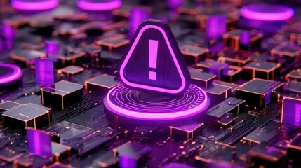 Neon 3D Exclamation Mark concept. Digital alert symbol over a circuit board with purple accents.