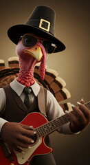 Anthropomorphic turkey wearing hat, sunglasses, and vest, playing red guitar. Thanksgiving, music, humor concept.  Free space available