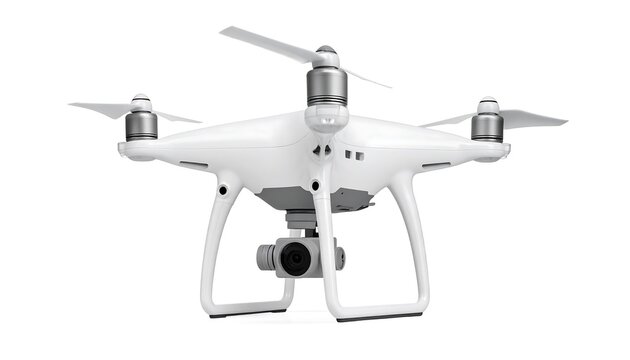 A clean, white quadcopter drone with four propellers and a camera hanging below. It's positioned in front of a white background