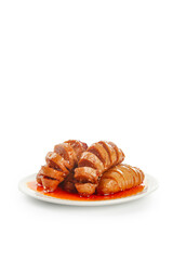Handmade Spicy Gluten Skewers from Shaanxi Province - Traditional Chinese Street Food on White Plate with Chili Sauce