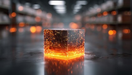 Glowing cubic form against industrial shelving background. Emphasizes data visualization