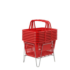 3d rendered red shopping baskets stacked on metal cart for supermarket retail and commerce transparent background