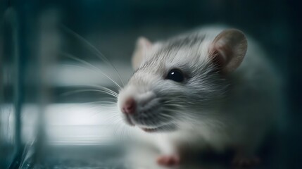 A white laboratory rat with prominent whiskers is shown in a close up view within a transparent enclosure illuminated by soft sterile lighting