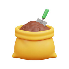 3d illustration of a yellow sacks full of soil with gardening tool ready for planting transparent background