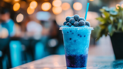 A blue drink with a straw and blueberries on top