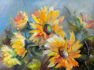 Abstract oil painting of blooming flowers in warm yellow and white tones with textured brushstrokes on canvas