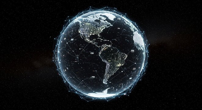 Global network connecting the world with futuristic technology, representing communication and data transfer across continents in a modern digital age vision