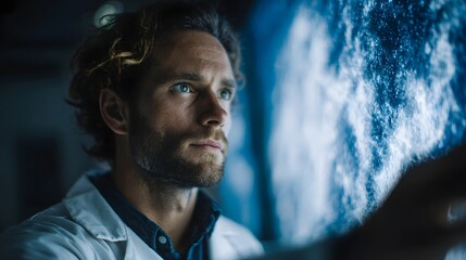 A man in a lab coat intently studies a glowing blue scientific display with abstract patterns