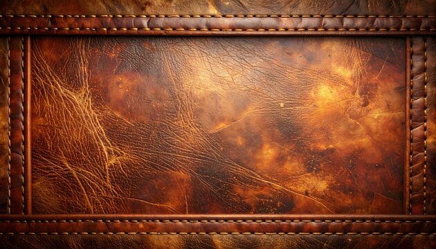 Close-up of aged brown leather texture, stitched frame border, visible white thread detail, rustic vintage material background