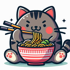A cartoon cat with a bowl of ramen noodles and chopsticks, digital art.
