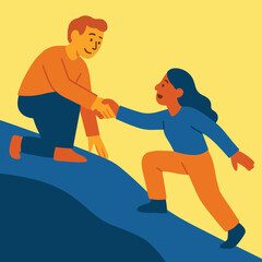 Man helping woman climb a hill in flat design illustration