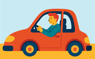Man driving a red car in flat design illustration