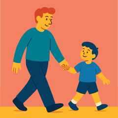 Father and son walking together in flat design illustration